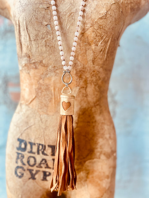 Beaded Leather Tassel Necklace - Brown