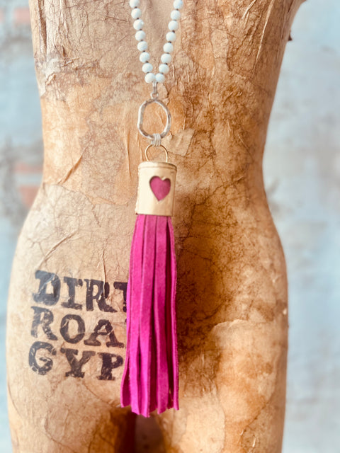 Beaded Leather Tassel Necklace - Pink