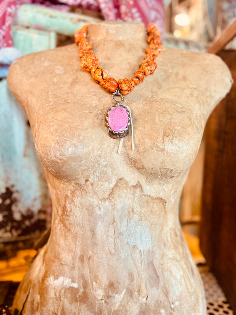Chunky Orange Turquoise Geode Necklace