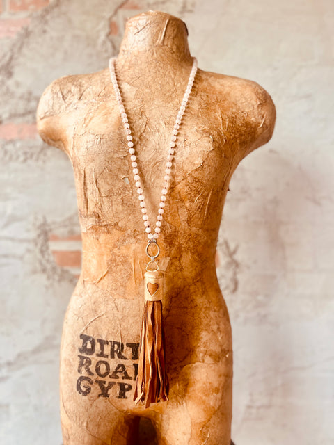 Beaded Leather Tassel Necklace - Brown
