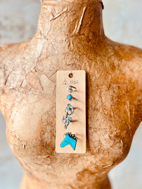 Brushed Silver Turquoise Ring Set- Turquoise Horse
