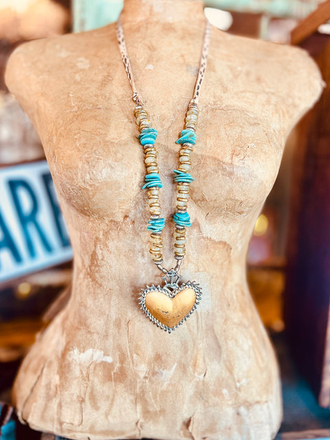 Mustard Metal Heart Pendant Necklace - Turquoise