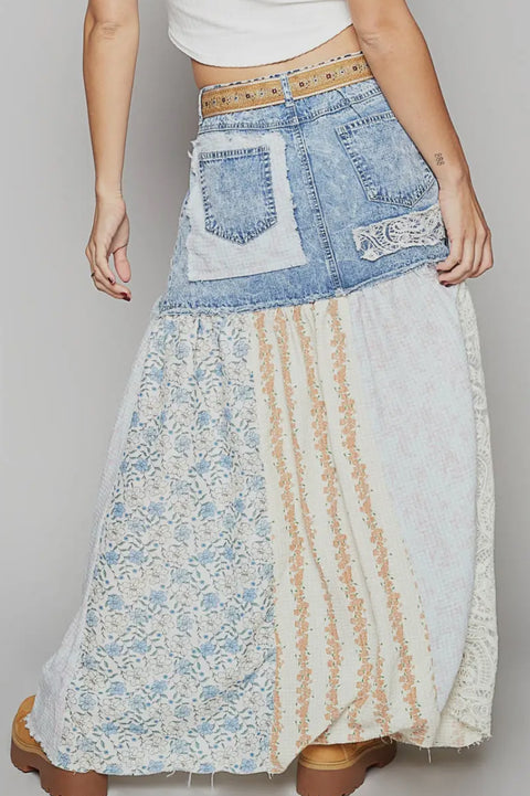 Denim & Mixed Print Skirt