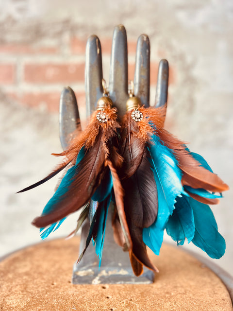 Feather Earring With Charm - Teal & Brown