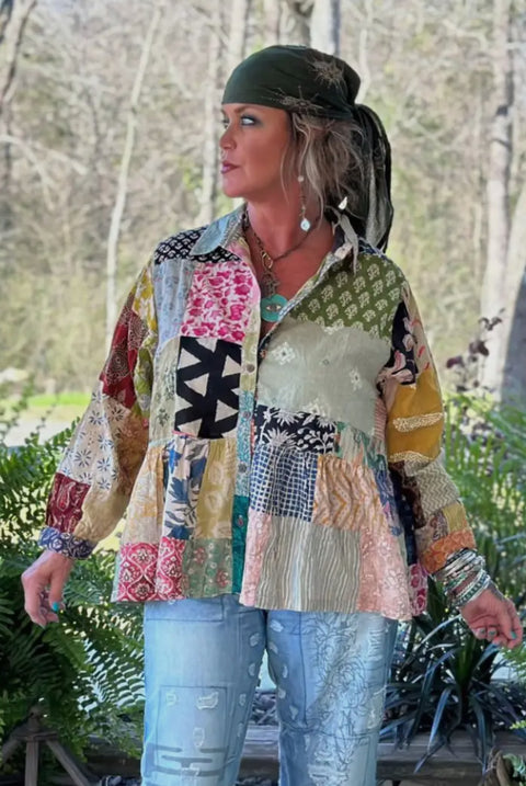 Patchwork Sunrise Ruffle Top