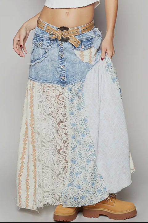 Denim & Mixed Print Skirt