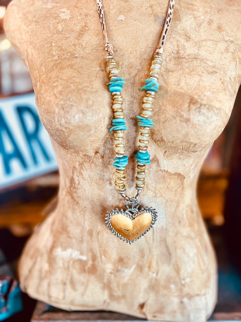 Mustard Metal Heart Pendant Necklace - Turquoise