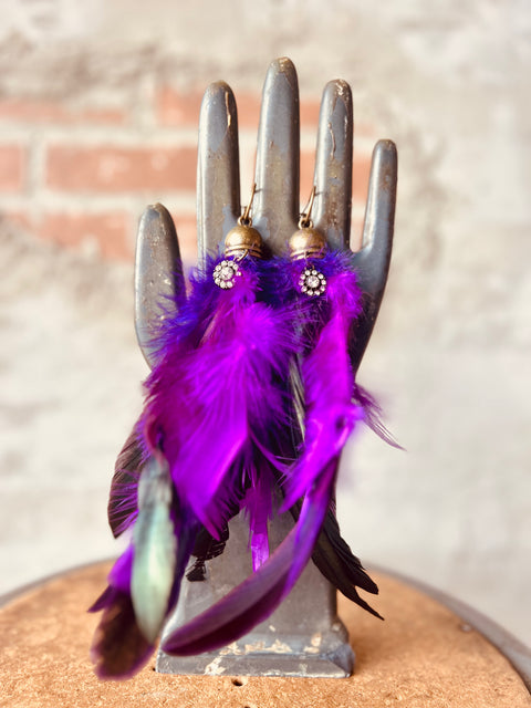 Feather Earring Solid Top With Charm - Purple