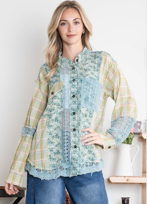 Patchwork & Lace Top - Sage