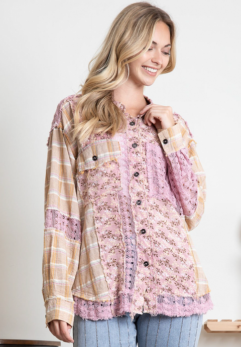 Patchwork & Lace Top - Pink