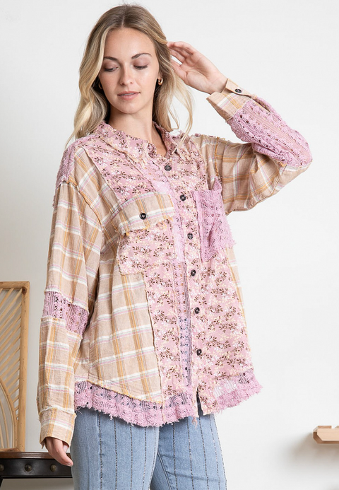 Patchwork & Lace Top - Pink