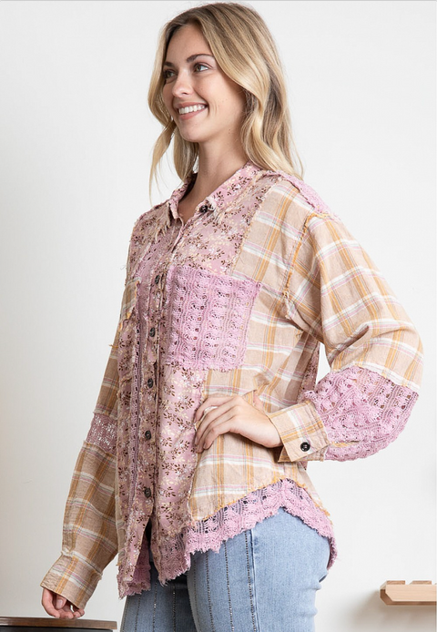 Patchwork & Lace Top - Pink
