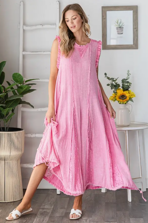 Washed Ruffle Romper - Hot Pink
