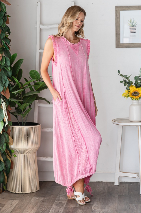 Washed Ruffle Romper - Hot Pink