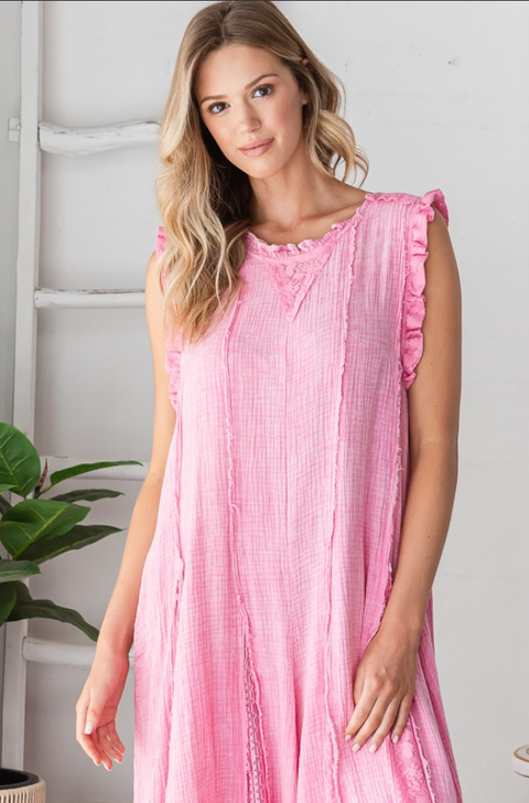 Washed Ruffle Romper - Hot Pink