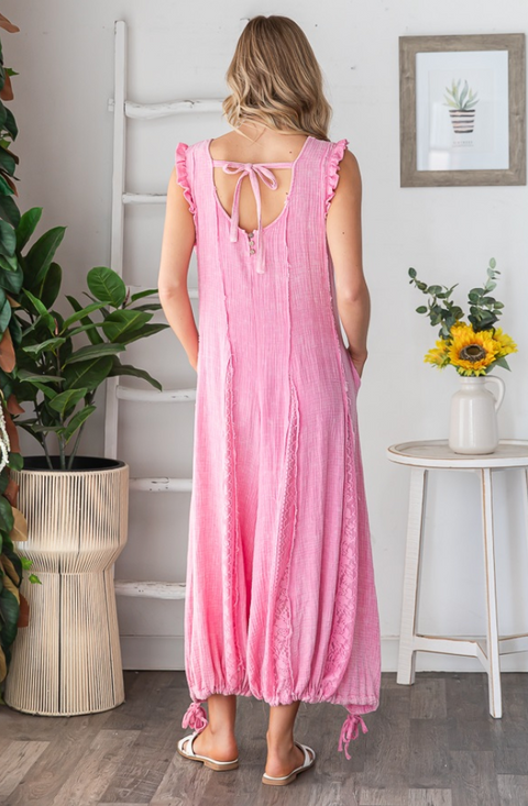 Washed Ruffle Romper - Hot Pink