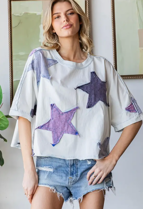Washed Star Patched Tee - Light Blue