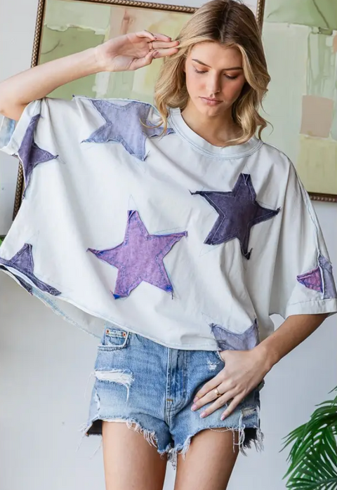 Washed Star Patched Tee - Light Blue