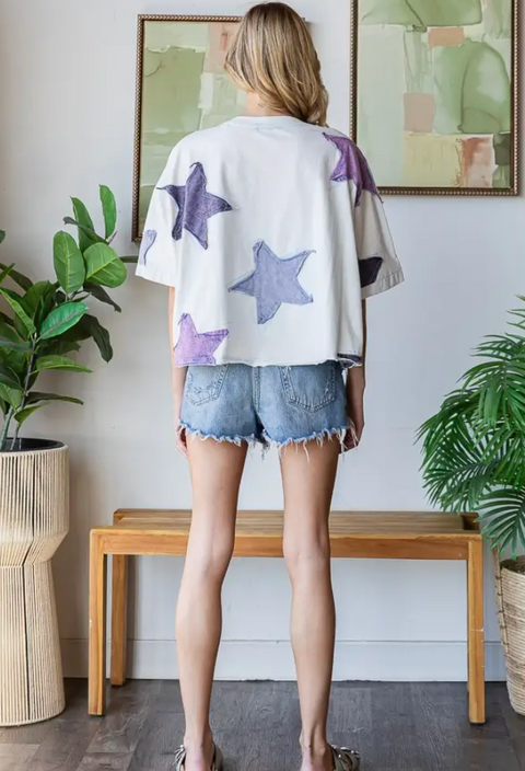 Washed Star Patched Tee - Light Blue