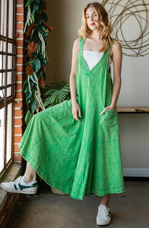 Washed Wide Leg Romper - Green
