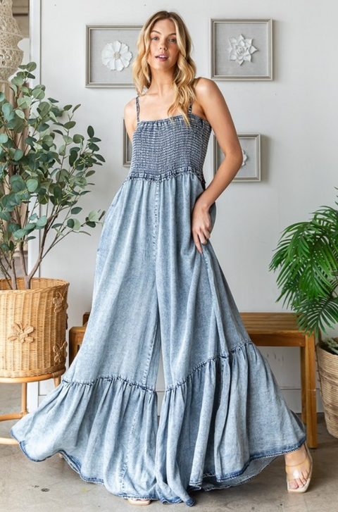 Washed & Smocked Wide Leg Jumpsuit - Denim