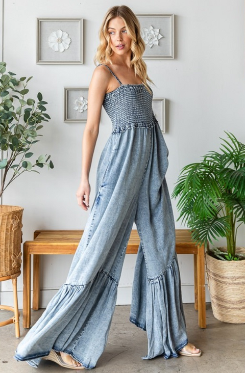 Washed & Smocked Wide Leg Jumpsuit - Denim