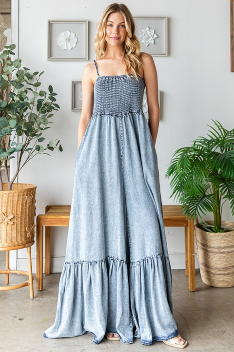 Washed & Smocked Wide Leg Jumpsuit - Denim