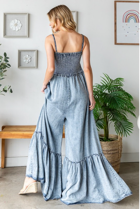 Washed & Smocked Wide Leg Jumpsuit - Denim