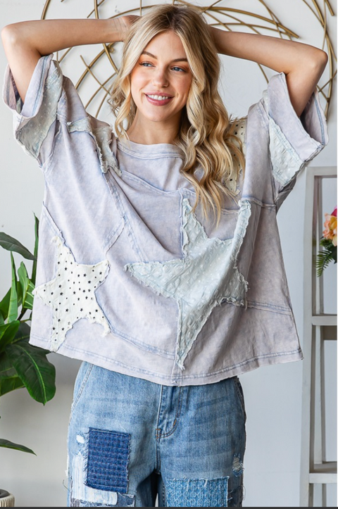 Washed & Patched With Stars Top - Blue
