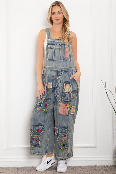 Floral & Patched Perfection Overalls - Denim