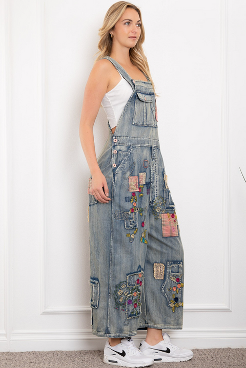 Floral & Patched Perfection Overalls - Denim