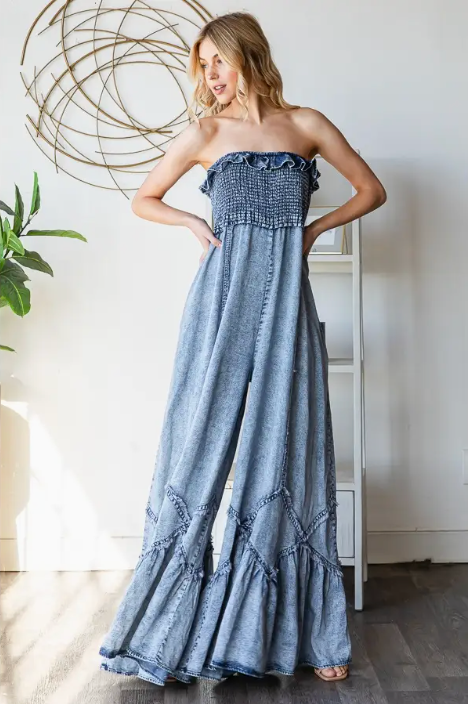Washed Smocked Tencel Jumpsuit