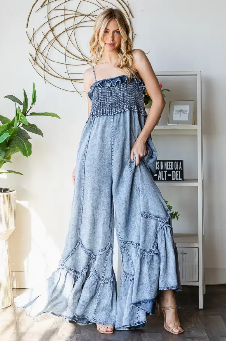Washed Smocked Tencel Jumpsuit