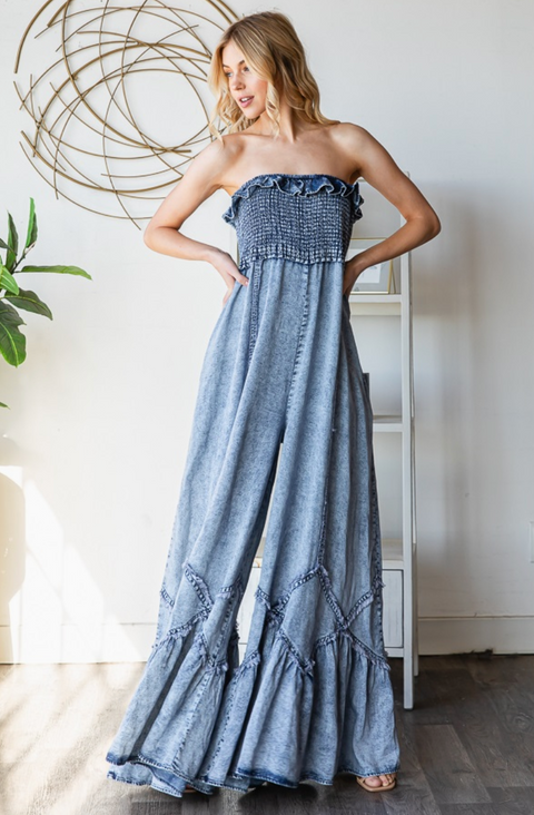 Washed Smocked Tencel Jumpsuit