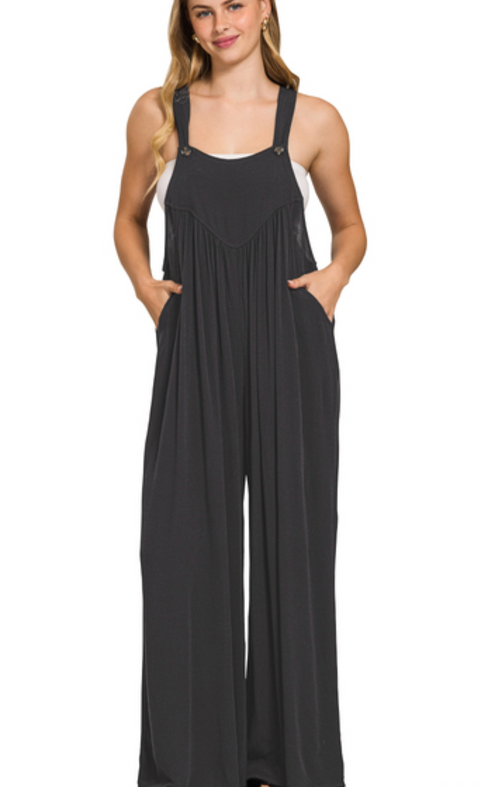 Woven Crepe Overalls - Black
