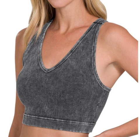 Mineral Wash Ribbed Crop Top Racerback Bralette (Padded) - Ash Black