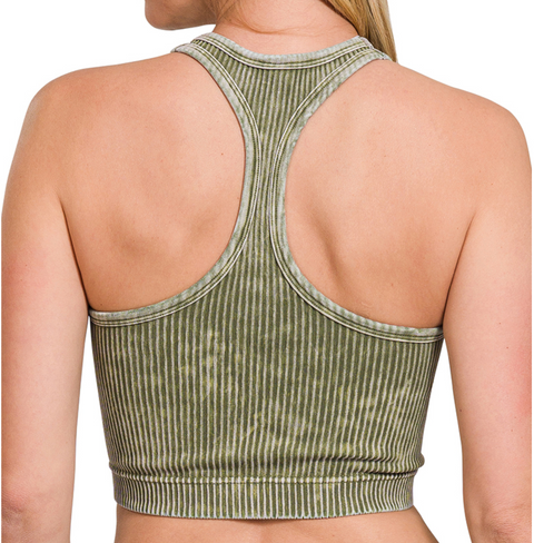 High Rise Washed & Ribbed Bralette - Ash Olive