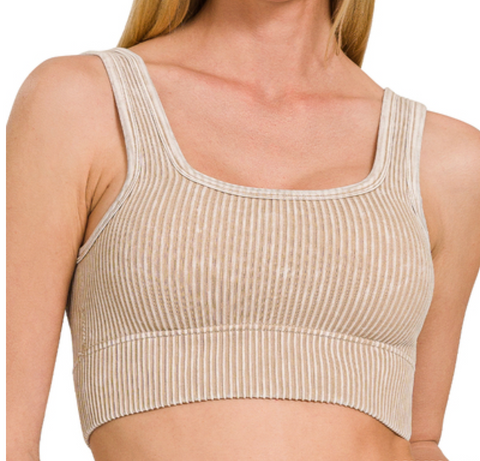 Washed & Ribbed Square Neck Bralette (Padded) - Ash Mocha
