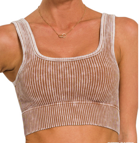 Washed & Ribbed Square Neck Bralette (Padded) - Deep Camel