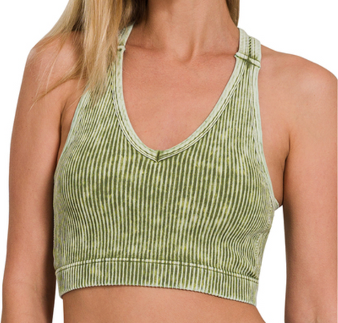 Washed & Ribbed Bralette (Padded) - Ash Olive