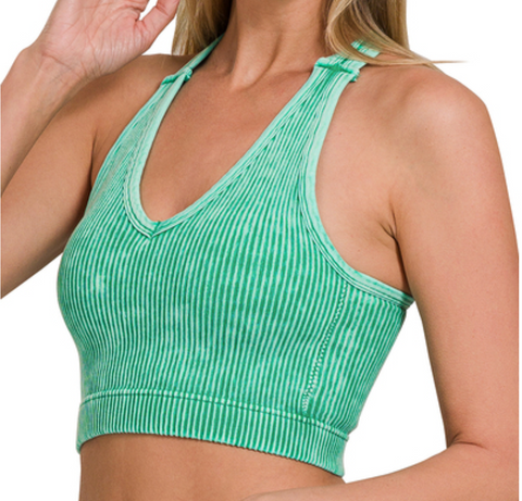 Washed & Ribbed Bralette (Padded) - Kelly Green