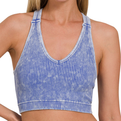 Washed & Ribbed Bralette (Padded) - Light Indigo