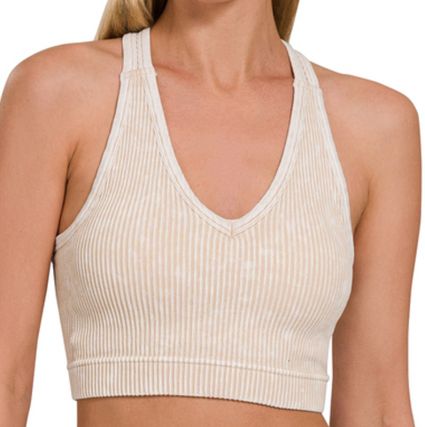 Washed & Ribbed Bralette (Padded) - Sand Beige
