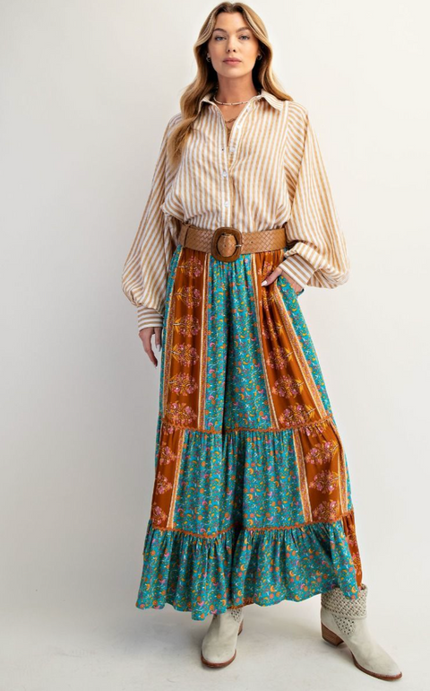 Floral Printed Palazzo Pants - Rusty Blue