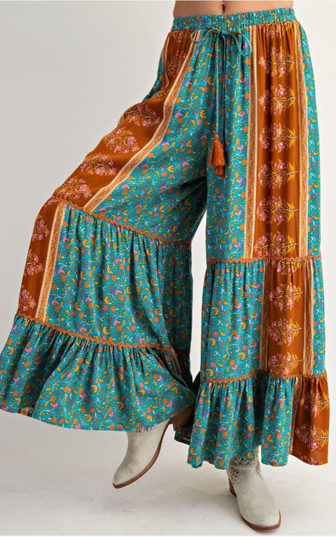 Floral Printed Palazzo Pants - Rusty Blue
