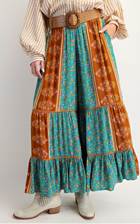 Floral Printed Palazzo Pants - Rusty Blue