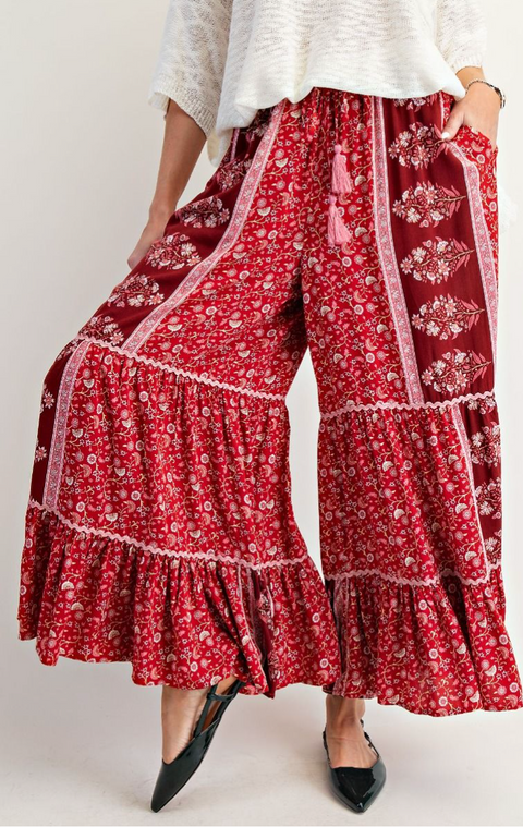 Floral Printed Palazzo Pants - Boho Red