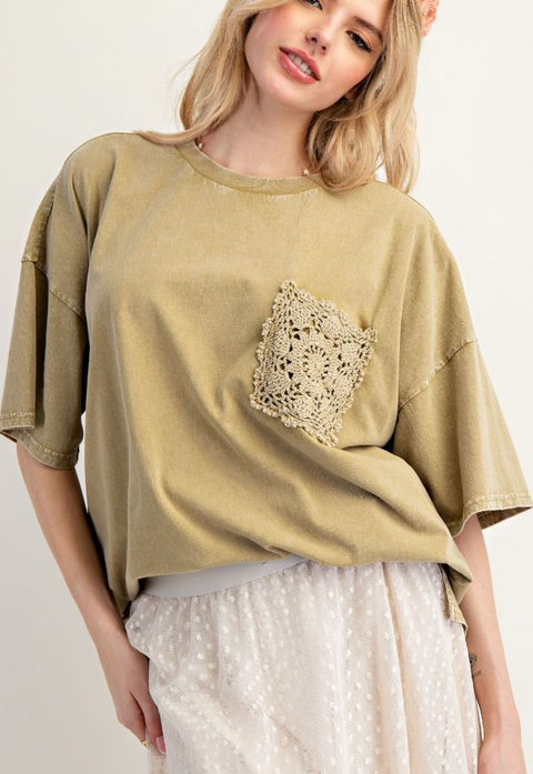 Mineral Washed Crochet Pocket Top - Faded Olive