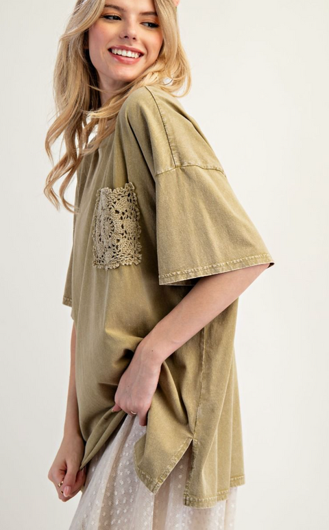 Mineral Washed Crochet Pocket Top - Faded Olive