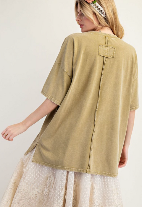 Mineral Washed Crochet Pocket Top - Faded Olive